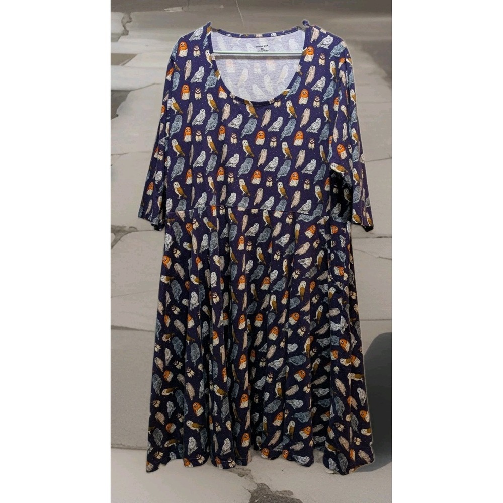 Svaha USA Owls 3/4 Sleeve Twirl Dress Pockets Wm's 4XL 100% Organic Cotton Blue